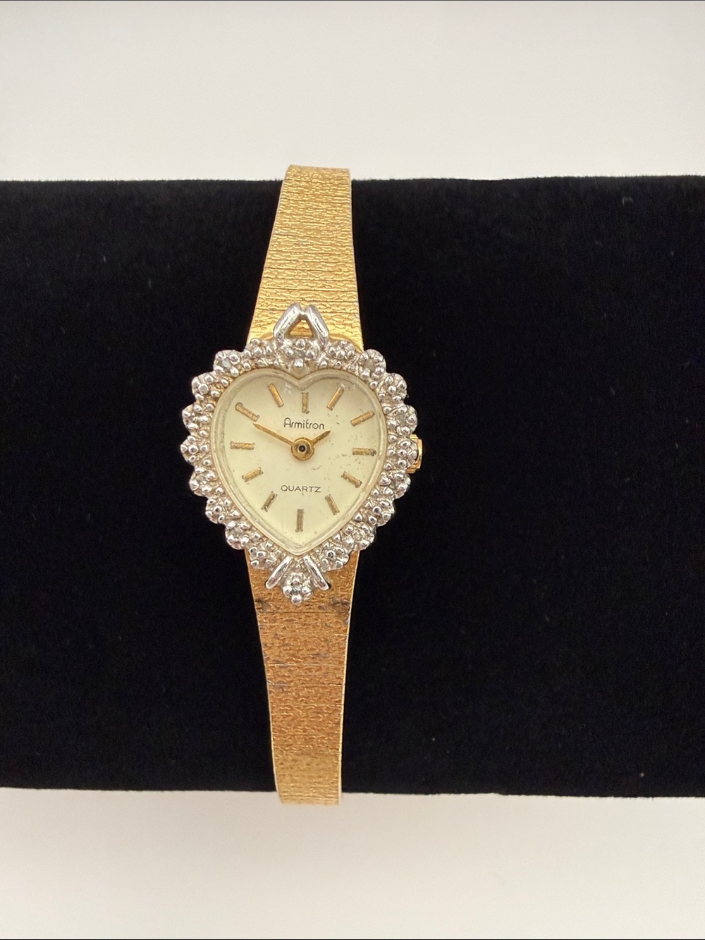 Vintage Armitron Heart Shaped Women’s Watch Gold Tone Clear Stone Quartz
